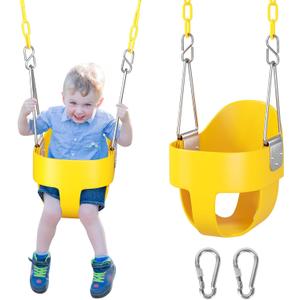 DECORLIFE Toddler Swing - High Back Full Seat for Ages 1-3, 330lb Capacity, Baby Infant Swing Outdoor with Safety Design, Plastic-Coated Chains, Carabiners for Backyard, Garden-Yellow