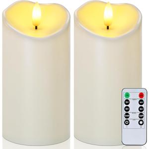Raycare 6"x3" Outdoor Waterproof Flameless Candles with Remote and Timer, Battery Operated LED Electric Fake Pillar Candle for Christmas Home Wedding Decor, Ivory White, Set of 2
