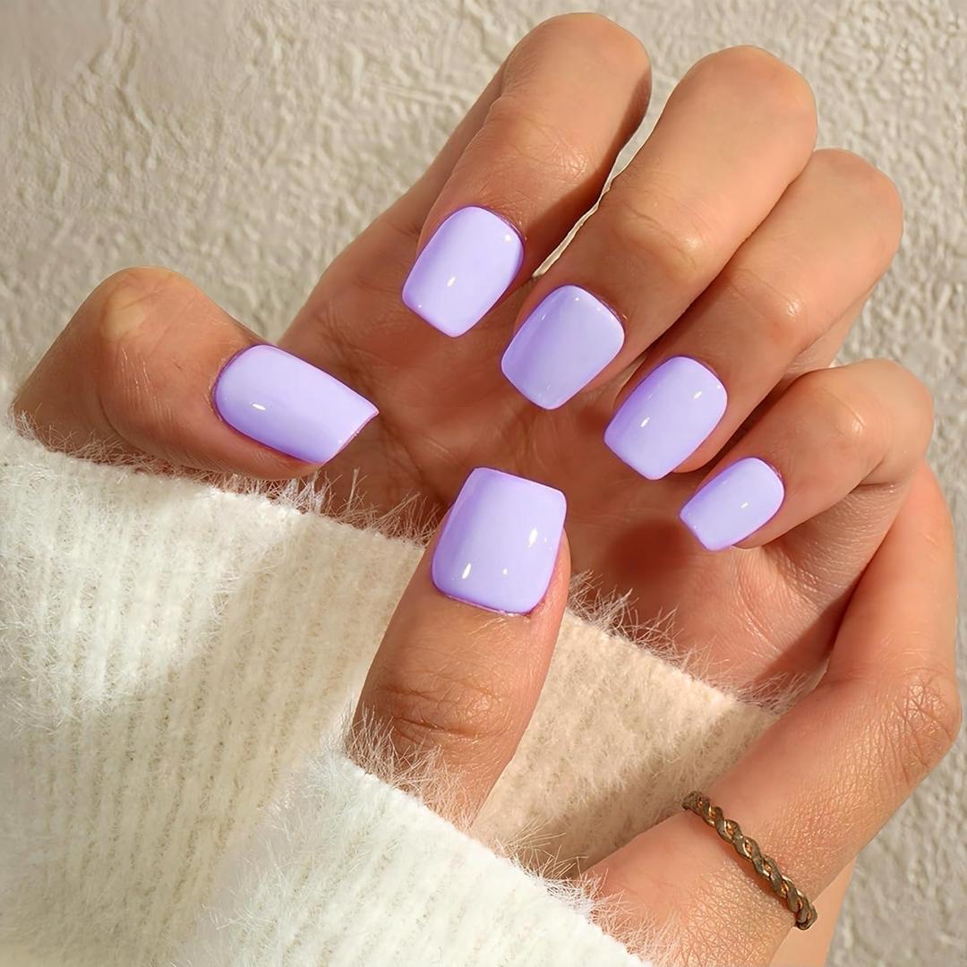 KQueenest Light Purple Press On Nails Short - Acrylic Press On Nails Square, Sheer Lavendar Short Fake Nails with Glue, Glossy Opaque, Reusable Soft Gel Glue on Nails for Women Gift, 24 Pcs (lilac)