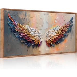 Aurlan Angel Wings Framed Wall Decor(40"x20"), Large Abstract Colorful Feather Oil Painting Canvas Artwork, Modern Contemporary Inspirational Wall Art for Living Room Bedroom