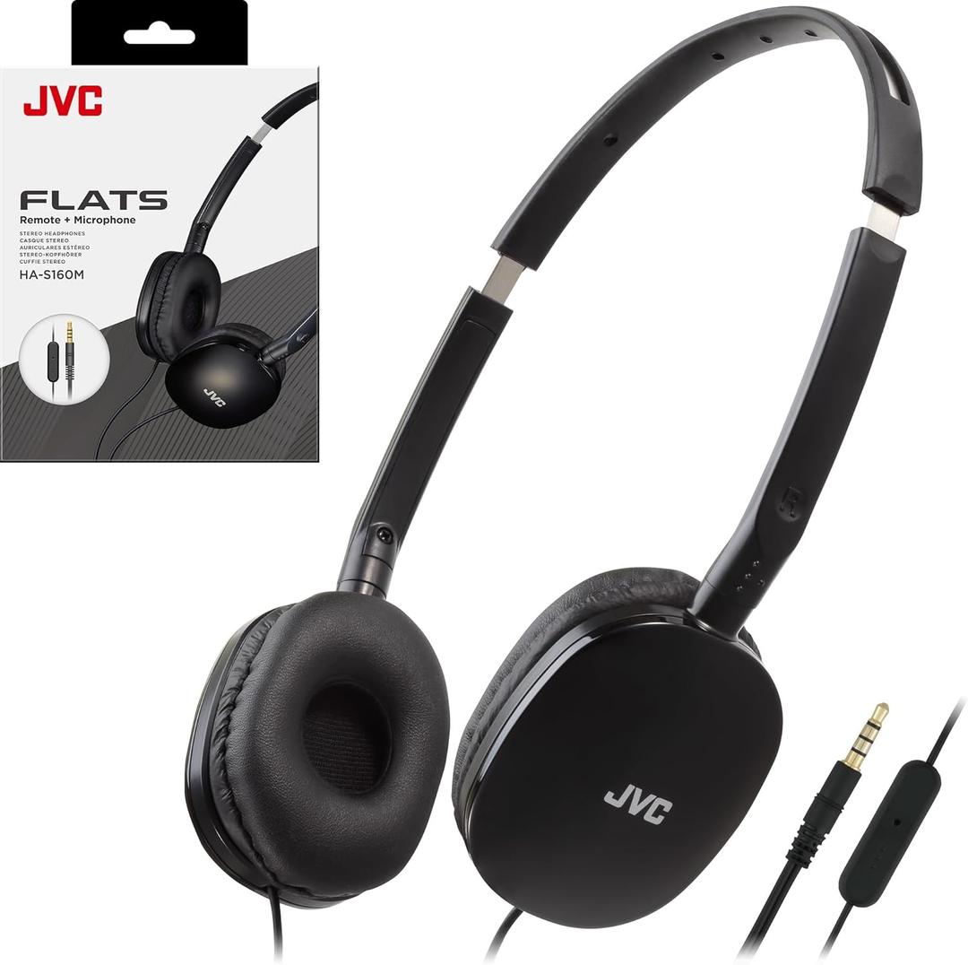 JVC Flats On-Ear Wired Headphones with Mic - Flat Foldable Design - 30mm- Neodymium Driver for Powerful Sound - Soft Ear-Pads for Comfort - Lightweight & Portable - PC/Laptop/Gaming - 3.5mm Slim Plug (Adjustable, Black)