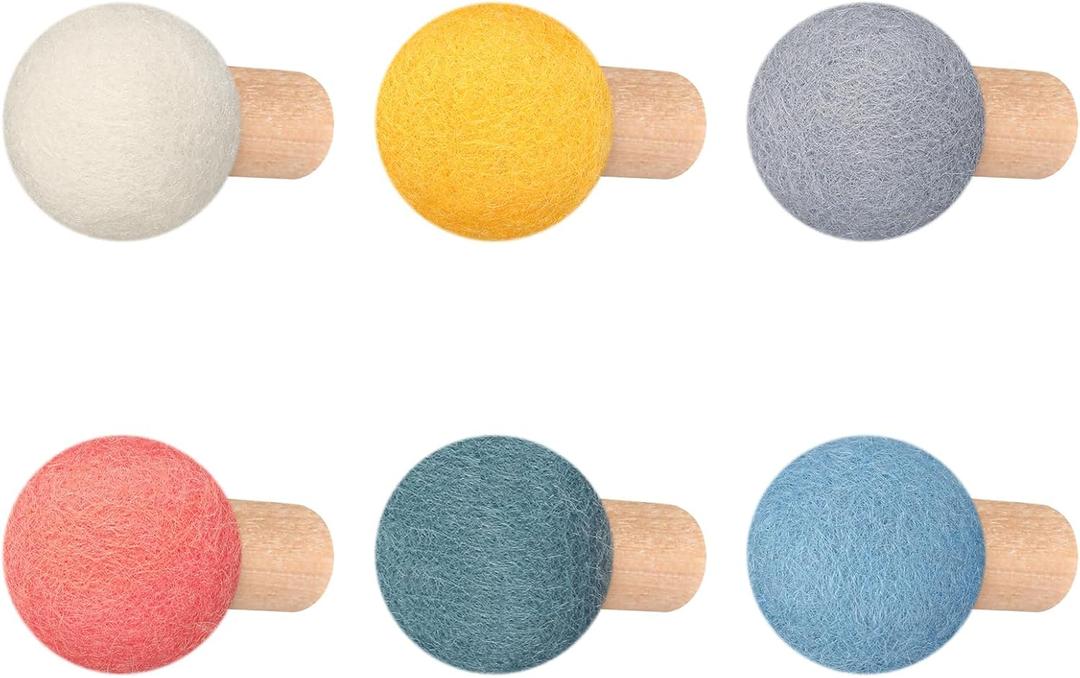 6 Pcs Wool Round Wall Hook Kids Wall Coat Hooks Kids Coat Rack Wall Mount Wool Wooden Coat Hooks Hat Rack for Home Living Room Nursery Minimalist Wall Decor (Pastel Color)
