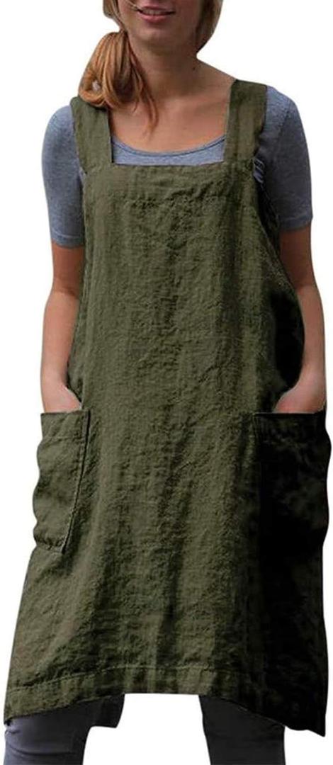 YESDOOD Cotton Linen Apron Cross Back Apron for Womens with Pockets Pinafore Dress for Baking Cooking (Medium, Green)