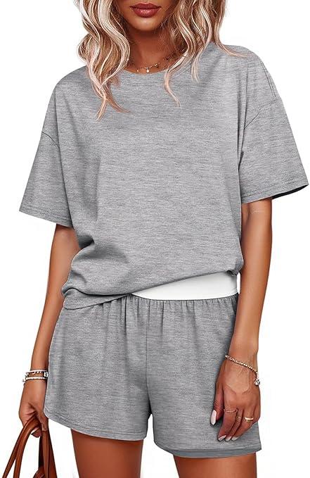 Womens Short Sets 2 Piece Summer Vacation Outfits Short Sleeve T-shirts Elastic Waist Shorts Matching Set (Light Grey, XL)