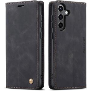 QLTYPRI Case for Samsung Galaxy S24, Vintage PU Leather Wallet Case Card Slot Kickstand Magnetic Closure Shockproof Flip Folio Case Cover for Samsung Galaxy S24 - Black