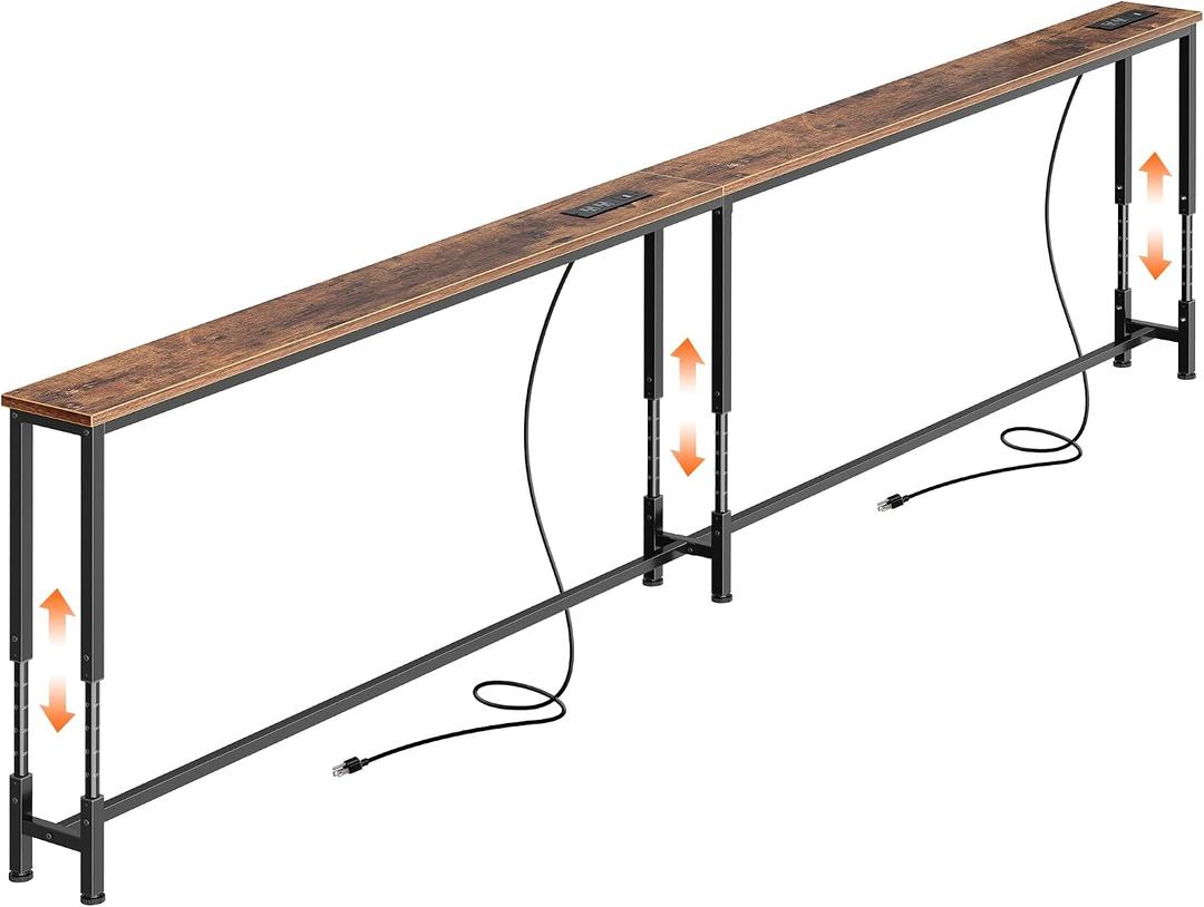Huuger 102.4 Inch Sofa Table with Power Outlets, 23.9-34.4 Height Adjustable Range, Behind Couch Table with USB-C Ports, Sofa Tables Narrow Long, Skinny Console Table, Small Spaces, Rustic Brown