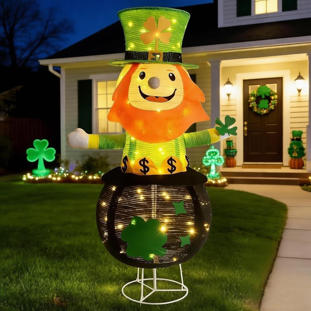 St. Patricks Day Decorations Outdoor, 32Inch Collapsible Lighted Up Leprechaun with Shamrock Hat,8 Lighting Modes,Leprechaun St. Patricks Day Dcor for Irish Garden Outdoor Indoor Yard Holiday