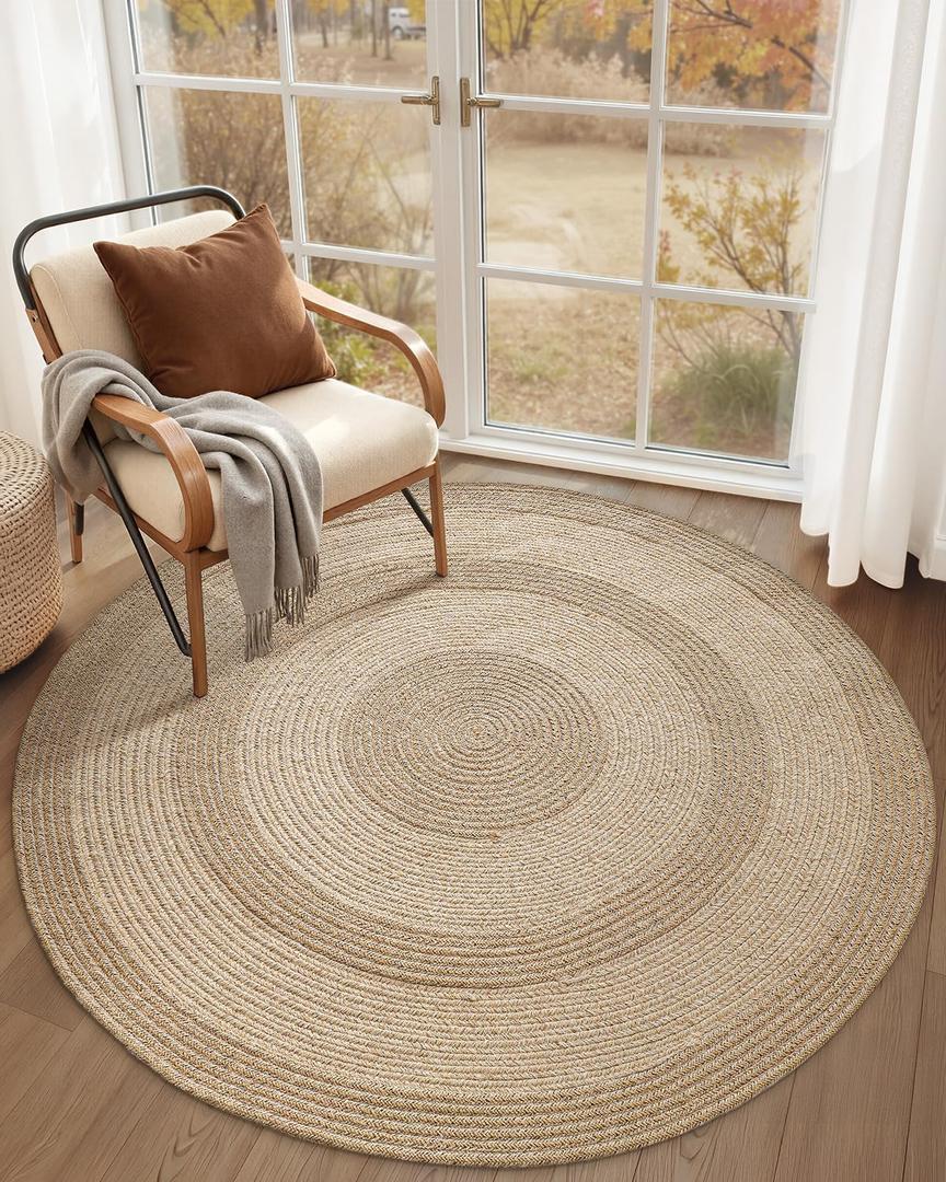 Color&Geometry 4x4 Round Jute Rug Indoor Outdoor, Reversible Hand Woven Natural Fiber Minimalist Area Rug, Easy Clean Scandinavian Decor for Patio, Deck, Living Room, Dining Room