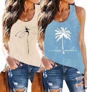 Oriental Pearl Dragonfly Coconut Tree Tank Tops Womens Casual Graphic Racerback Tanks Summer Loose Sleeveless Beach Vacation Tank Tops (Apricot+Blue, S)