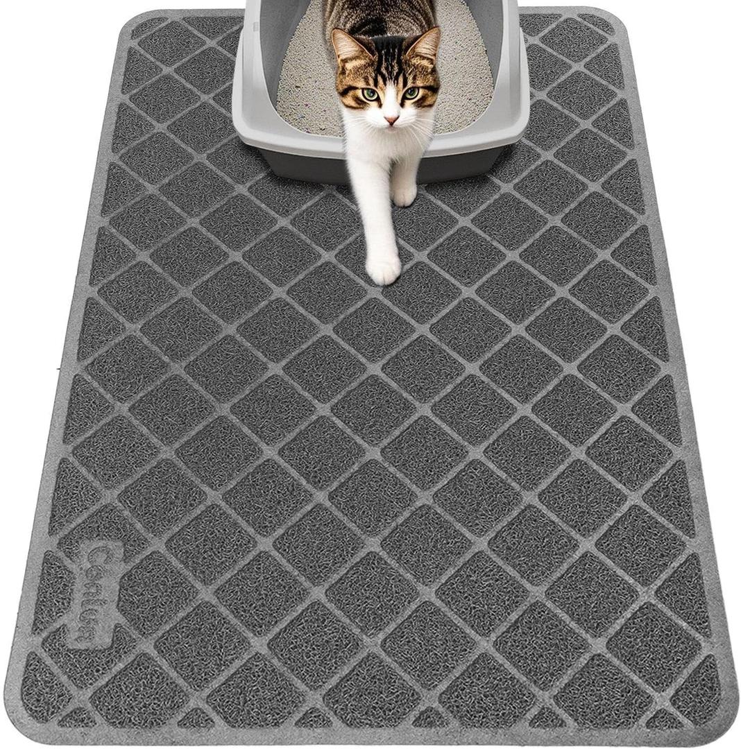 Cat Litter Mat Litter Trapping Mat, 24" x 17" Premium Durable PVC Grid Mesh with Scatter Control, Non-slip, Less Waste Cat Litter Box Mat, Soft on Kittys Paws, Urine Waterproof (Grey)