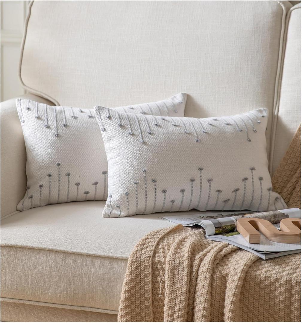 Caflife Boho Throw Pillow Covers 12x20 Set of 2 Decorative Pillows for Bed and Sofa, Beige with Grey Line Throw Pillows for Modern Farmhouse Couch Living Room