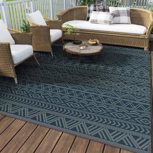 MontVoo Outdoor Rug Carpet Waterproof 5x8 Outdoor Patio Rug Mat Reverisble Plastic Straw Outdoor Rug for RV Camping Picnic Beach Balcony Boho Blue Green