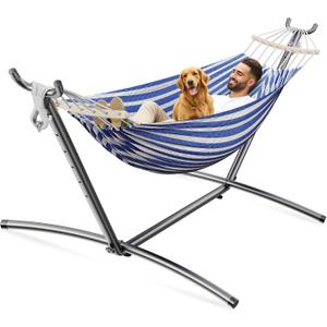 ANAGOO 2 Person Hammock with Stand, 500 lb Indoor Outdoor, Blue White | Adjustable Height | Heavy Duty Steel Stand | Anti-Tip Spreader Bars | Tool-Free 10-Min Setup