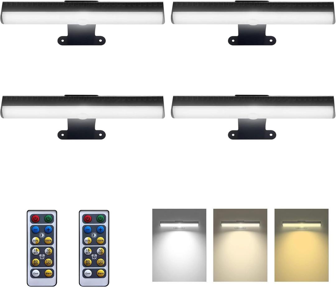 4pcs Battery Operated Picture Light with 3 Lighting Color,Painting Light for Wall with Remote,Led for Art Indoor Brightness Dimmable, Timer-Off Display Accent Light for Frame Gallery