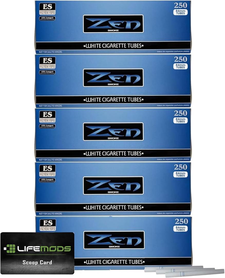Zen Cigarette Tubes | Light | King Size | 5 Pack | 1250 Tubes | Premium Quality and Affordability - Includes LifeMods Scoop Card for Effortless Material Handling