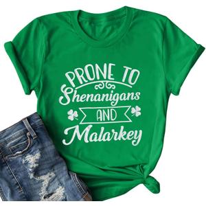 St Patricks Day Shirt Women Prone to Shenanigans and Malarkey Tshirts Shamrock Graphic Tee Tops (XX-Large, 02-green)