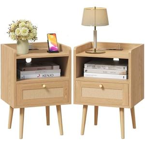 Rattan Nightstand with Charging Station, Mid Century Modern Bed Side Table, Boho End Table with Wood Legs, Bedside Tables for Farmhouse Bedroom Living Room Dorm Sofa Couch Office Corner (2, Natural)
