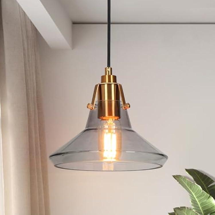 KSANA Gold Pendant Light Fixture, Modern 1-Light Pendant Lighting with Electroplated Brass Finish and Smoked Glass Shade for Kitchen Island, Foyer, Dining Room and Bedroom 8.5” x 8.5” x 8