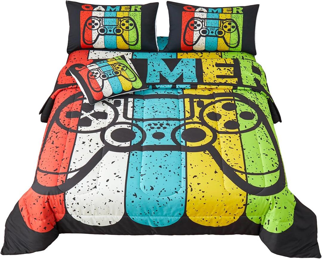 6 Pieces Home Video Gamer Comforter Sets for Boys Teens and Adults,Black Theme,3D Video Game Bedding Sets with Comforter,Flat Sheet,Fitted Sheet,Throw Pillow Cover,Pillow Shams,Twin Size (A100)
