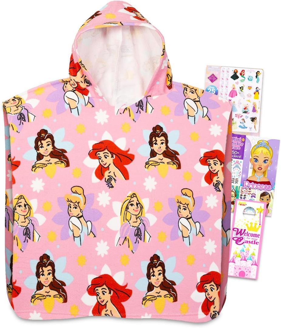 Disney Princess Kids Towel Set for Girls - Bundle with Princess Hooded Bath Towel with Stickers and More | Girls Towel Set