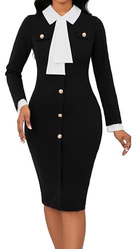 Women Work Dress Bodycon Long Sleeve Church Dresses Round Neck Button Down Business Black Pencil Dresses with Big Tie, Size Large