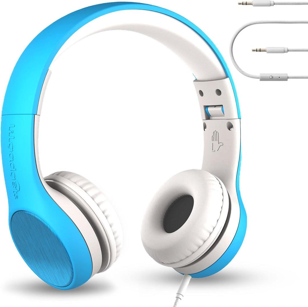 LilGadgets Connect+ Style On-Ear Kids Headphones with Microphone - SharePort Technology, SoftTouch Padding, Detachable Cable, Volume Limiting, Durable & Adjustable - Blue