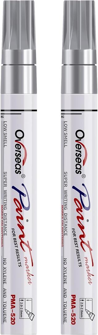 Overseas Permanent Paint Pens Silver Markers - 2 Pack Metallic Oil Based Paint Markers, Medium Tip, Quick Drying and Waterproof Marker Pen for Metal, Rock Painting, Wood, Plastic, Canvas, Mugs