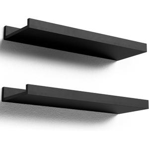 Floating Shelves Wall Mounted Set of 2, Modern Black Wall Shelves for Storage with Lip, Display Picture Ledge Shelf for Wall Decor Bedroom Living Room Bathroom Kitchen (15.7 In)