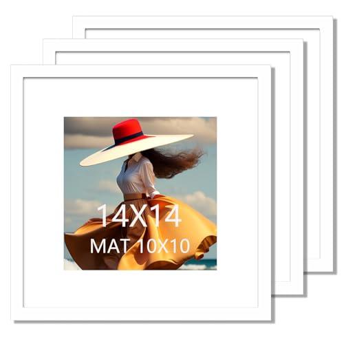 SKAOTUS 14x14 Picture Frame 3 Pack White Solid Wood for Mat 10x10 Wall Mounting Square Poster Frames