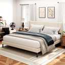 King Size Bed Frame and Headboard,Vertical Channel Tufted Wingback No Box Spring Needed, Mattress Foundation, Easy Assembly, Beige