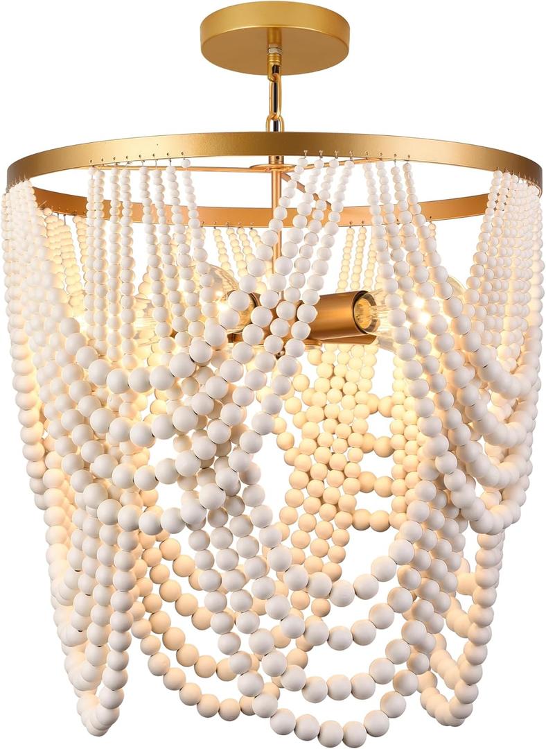 Bohemia Wood Beaded Chandelier - Boho 5-Light Gold and Oak Finish Beaded Light Fixture for Dining, Living, Bedroom, Nursery, Girl Room, Hallway, Entryway