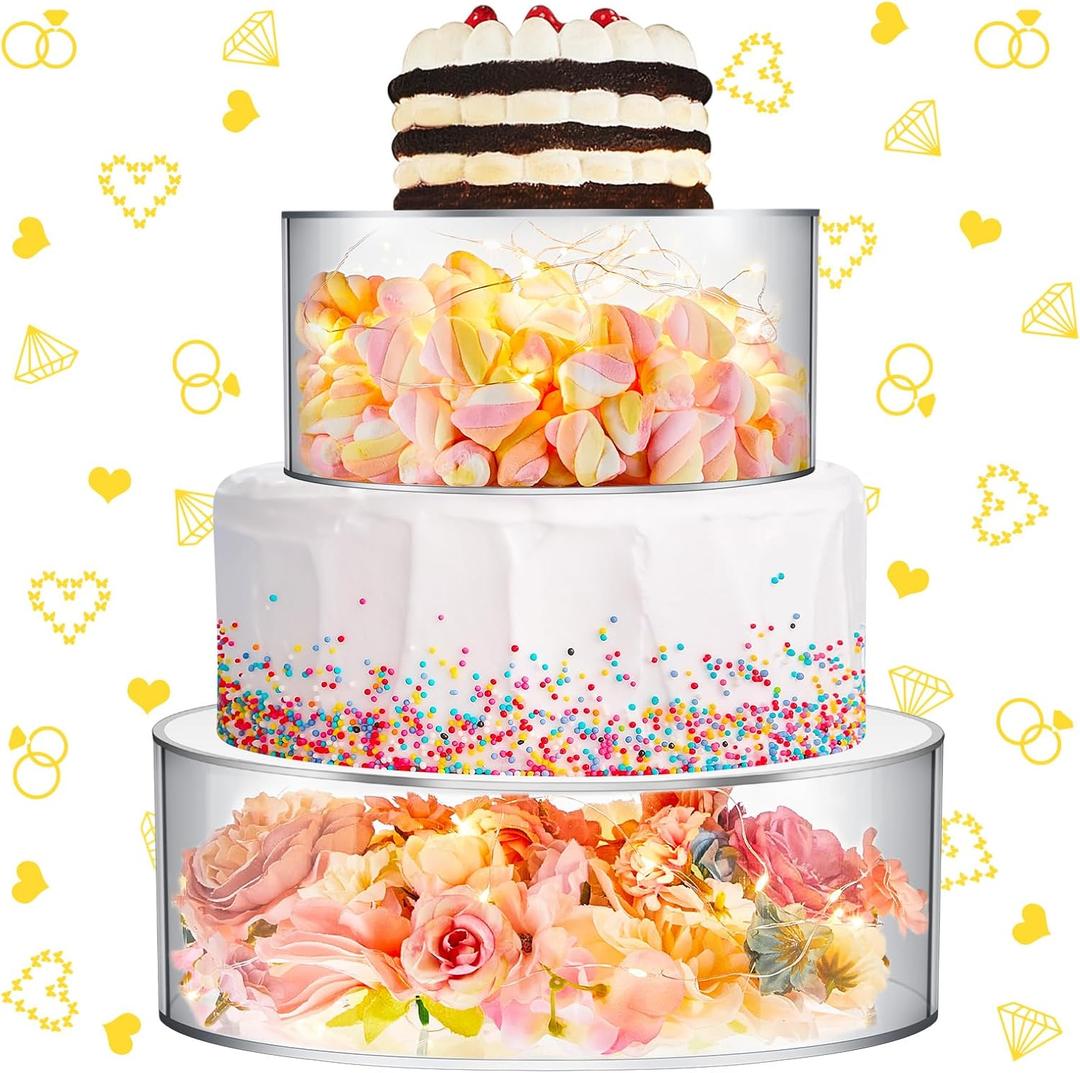 Sunnyray 2 Pcs Acrylic Cake Stands for Dessert Table Clear Fillable Cake Riser Cupcake Tier with LED Strings for Birthday Wedding Holiday Party Display(10'', 12'')