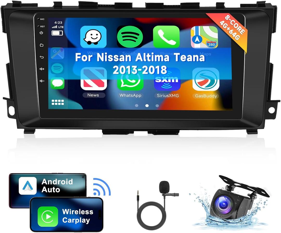 [8 CORE 4G+64G] Android 13 Car Radio for Nissan Altima Teana 2013-2018 with Wireless Carplay/Android Auto, 9 Inch IPS Touch Screen Car Stereo, Bluetooth, GPS, WiFi, SWC, DSP + Backup Camera