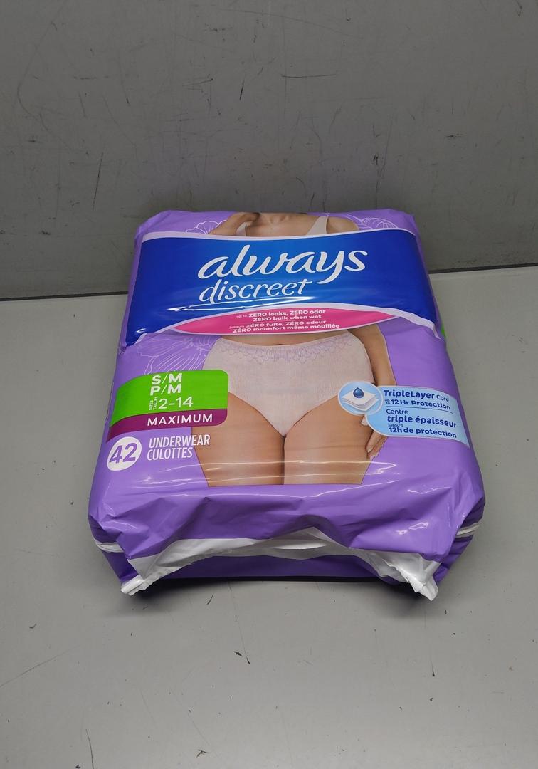 Always Discreet Adult Diapers for Women, Incontinence Underwear, Postpartum Essentials, Disposable Briefs, Max Absorbency, Bladder Leak Protection, S/M, 40ct