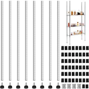 Thyle Set of 2 Wire Shelving Poles Including 8 Pcs 11.8'' Poles and 50 Pcs Shelf Clips, Heavy Duty Chrome Commercial Wire Shelving Parts for 1" Post Shelf Rack Accessories Replacement(23.6")
