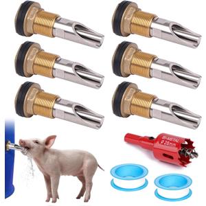 Pig Nipple Waterer for Barrel Kit Stainless Steel Pig Drinker Feeder with Brass Water Tank Connector Kit Automatic Pig Waterer System for Hog Goat Sows Piglets (6 Pig Drinker)