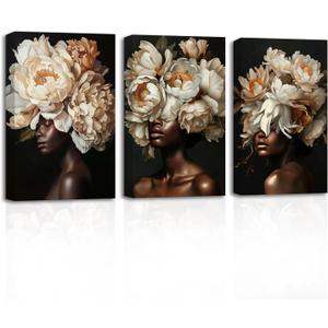 SWQYLB African American Canvas Wall Art 3 Pieces Whiter Flowers on Black Women Head Picture Abstract Black Girl Art Prints for Girl Room Decor Framed (24.00" x 36.00" x 3PCS)