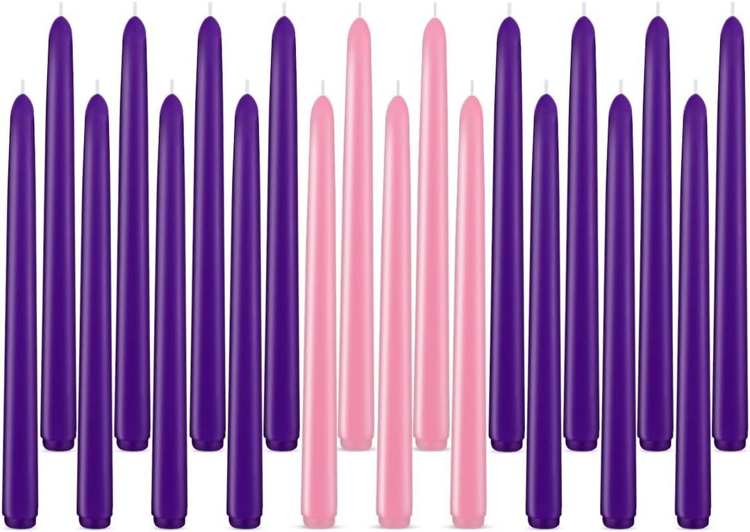 Christmas Advent Candles Set, 15 Purple and 5 Pink Taper Candles, 10" Unscented Candlesticks for Seasonal Celebrations