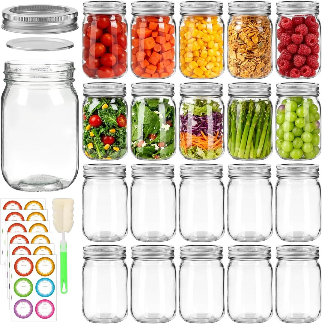 20 Pack 12 oz Mason Jars with Lids and Bands, Regular Mouth Glass Canning Jars with Labels and Brusher for Storage, Canning & Preserving, Dishwasher & Microwave Safe