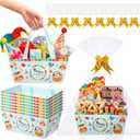 Moinchore 12 Set Happy Purim Basket for Gifts Empty 9.8x6.5'' Clown Market Tray Cardboard with Bows, Cellophane Bags, Twist Tiles, Empty to Fill for Purim Birthday Bridal Wedding Party Supply (Golden)