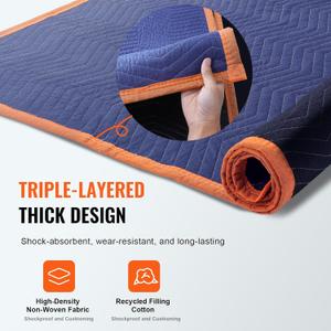 VEVOR 6 Pcs Moving Blankets, 80 x 72 in, Large Packing Blankets with 2 Elastic Bands, Heavy Duty Nonwoven Fabric Padded Moving Blanket with Cotton Filling for Shipping Wrapping Protecting Furniture (Blue/Orange)