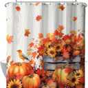 Fall Sunflower Shower Curtain Pumpkin Autumn Harvest Shower Curtain for Bathroom Rustic Maple Leaves Thanksgiving Bird Floral Shower Curtains with Hooks for Farmhouse Bath Decor 72"x72"