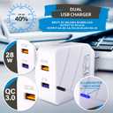 2 x e-ART USB Wall Charger 28W Dual Port QC3.0 Amps Fast Charging Block with LED Indicator, USB Cube Adapter Plug in Gift Box for iPhone 14 13 12 11 Pro Max XR Xs, Samsung, Android Phones, Tablet (White)