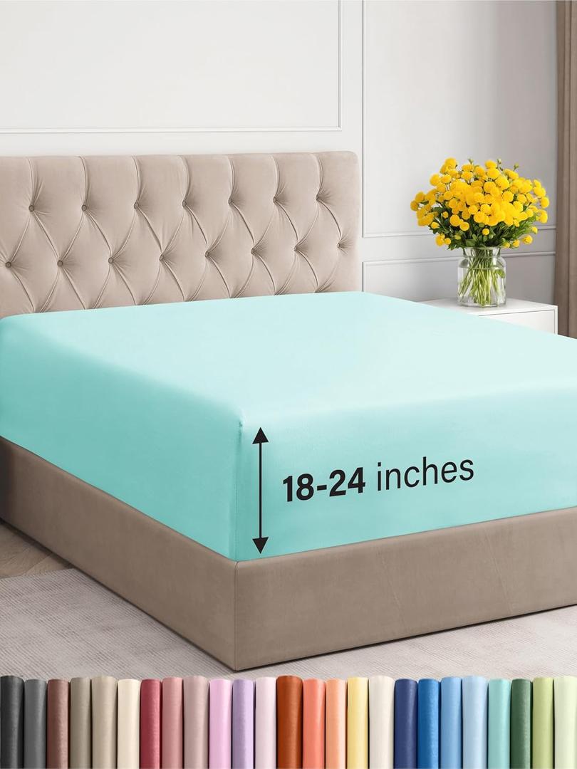 Extra Deep Queen Fitted Sheet - Hotel Luxury Single Fitted Sheet Only - Easily Fits 18 inch to 24 inch Mattress - Ultra Soft, Wrinkle & Fade Free w/Extra Deep Pockets - Breathable & Comfy - Spa Blue