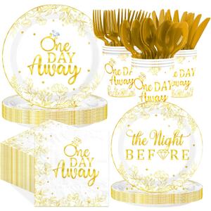 168 Pcs One Day Away Rehearsal Dinner Decorations The Night Before Wedding Plates Napkins Cups Forks Knives Spoons White Gold Diamond Ring Tableware Set for Wedding Rehearsal Party Supplies Serves 24