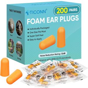 TICONN 200 Pairs Foam Ear Plugs, Individually Wrapped 32dB NRR Noise Reduction Earplugs for Sleeping Hearing Protection Travel Study Concentration Construction Site (200 Pairs)
