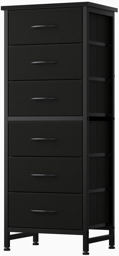 Sweetcrispy Tall Fabric Dresser for Bedroom, 6 Drawer Skinny Chest of Drawers, Narrow Storage Tower with Wood Top and Metal Frame, Vertical Nightstand for Closet, Bedroom Organization Furniture, Black
