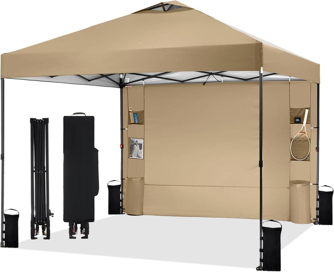 Tunbne 10'x10' Pop Up Canopy Tent with 1 Sidewall and 6 Pockets, One Push Setup, Instant Shade Tent with Vented Roof for Beach Patio Outdoor, Case, 8 Stakes, 4 Ropes, 4 Sandbags (Khaki, 10x10)