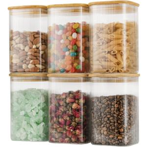 37oz Airtight Glass Square Storage Canisters with Bamboo Lids Set of 6 (1100ml) Striped Stackable Containers, Kitchen Jars for Pantry Noodles, Flour and Coffee beans (with Black Lable)