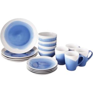 American Atelier Round Dinnerware Sets | Blue & White Kitchen Plates, Bowls, and Mugs | 16 Piece Stoneware Oasis Collection 10.5 x 10.5 | Dishwasher & Microwave Safe | Service for 4